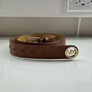 Michael Kors Tan Leather Belt with Gold MK Emblem